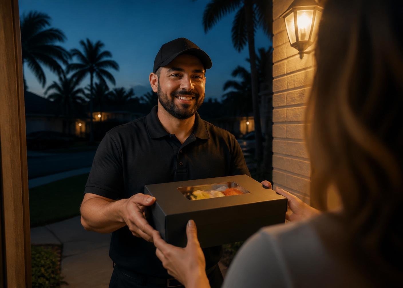 A driver handing a RocketPlate meal to a subscriber at the door