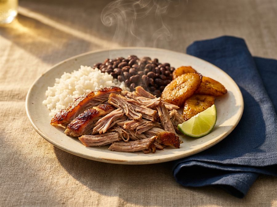 Cuban lechón with rice and plantains