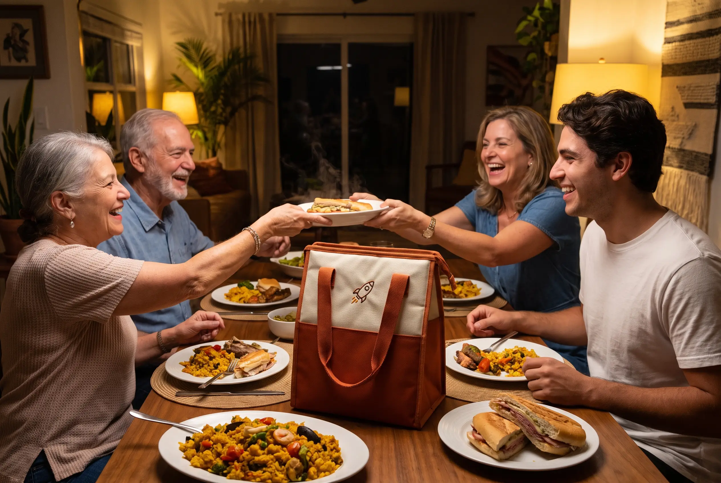 A family enjoying dinner around the table with a RocketPlate bag