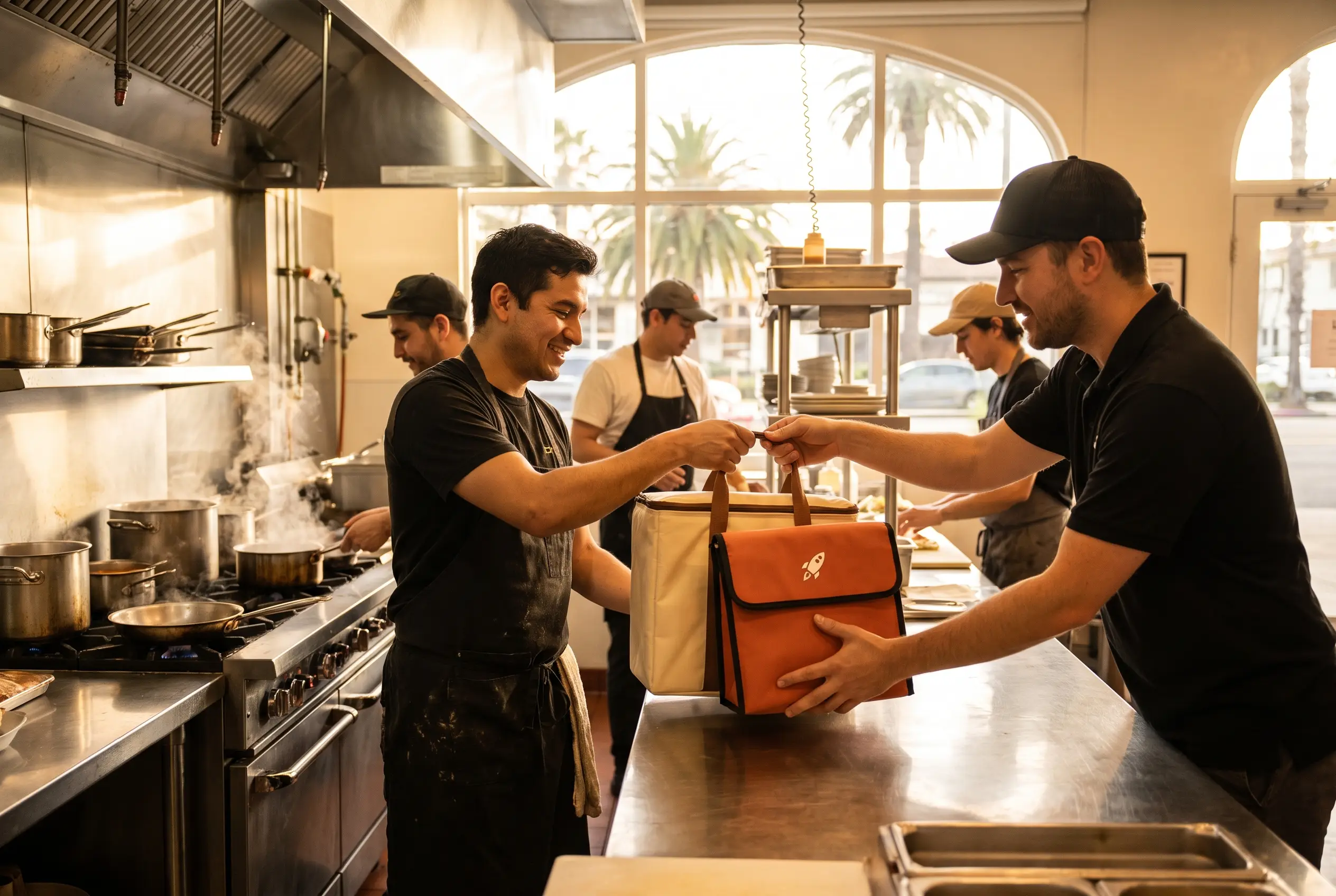 Kitchen staff handing sealed RocketPlate bags to a delivery driver